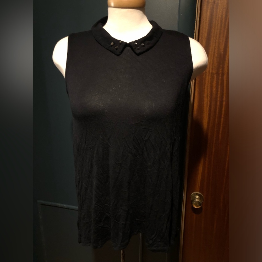 Black Sleeveless Top with Embellished Collar